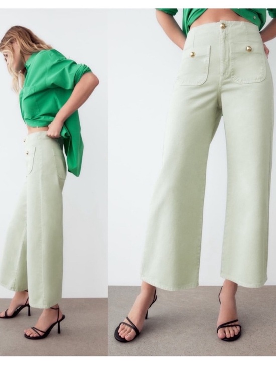 Zara Denim - Zara Woman Mint Green Wide-Leg Jeans Front Patch pockets size 2 100% cotton